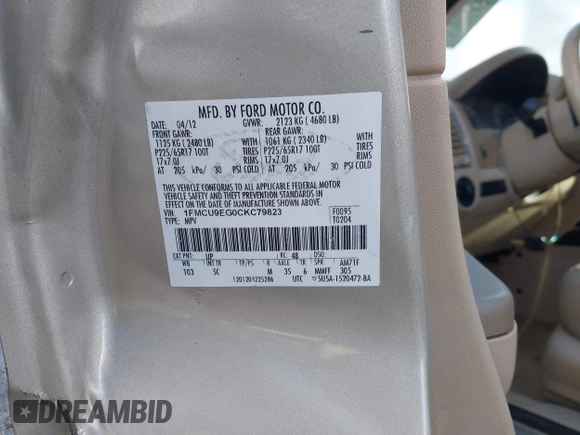 2012 Ford Escape Limited with VIN 1FMCU9EG0CKC79823, listed as a IAAI auction lot 42303805 with Not provided miles and . Bid and sale history available at DreamBid. Image 9.