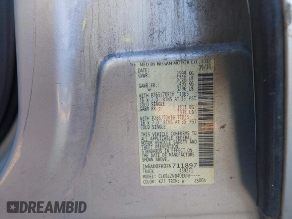 2015 Nissan Frontier SV with VIN 1N6AD0FR0FN711897, listed as a IAAI auction lot 41586254 with 106,326 mi miles and . Bid and sale history available at DreamBid. Image 9.