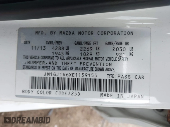 2014 Mazda Mazda6 i Touring with VIN JM1GJ1V6XE1159155, listed as a IAAI auction lot 41885397 with 162,045 mi miles. Bid and sale history available at carsss.com. Image 9.