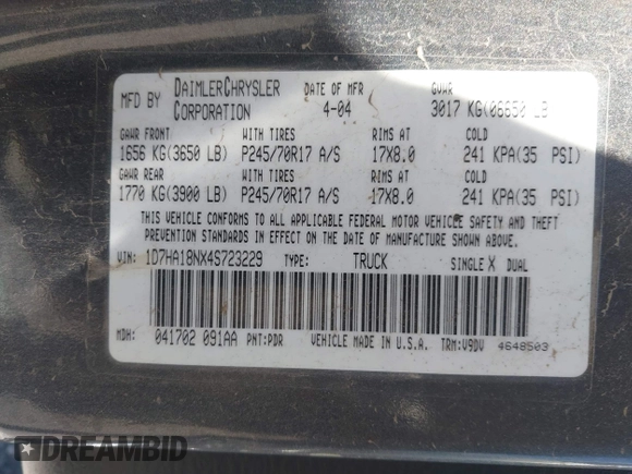 2004 Dodge 1500 SLT with VIN 1D7HA18NX4S723229, listed as a IAAI auction lot 42169829 with 228,812 mi miles. Bid and sale history available at carsss.com. Image 9.