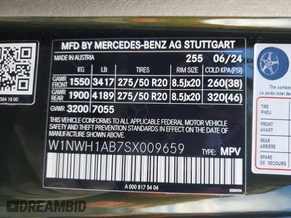 2025 Mercedes-Benz G with VIN W1NWH1AB7SX009659, listed as a Copart auction lot 41561635 with Not Provided miles and Salvage Title. Bid and sale history available at DreamBid. Image 13.
