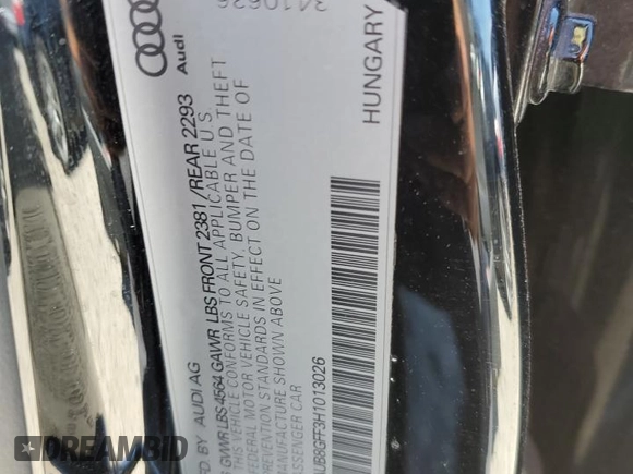 2017 Audi A3 Sedan Premium with VIN WAUB8GFF3H1013026, listed as a Copart auction lot 51569834 with 90,277 mi miles. Bid and sale history available at carsss.com. Image 12.