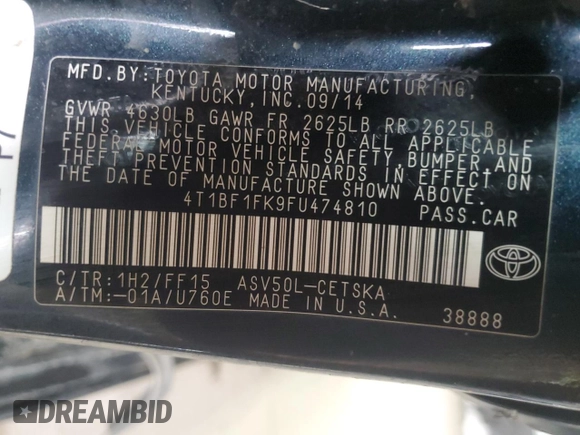 2015 Toyota Camry XLE z VIN 4T1BF1FK9FU474810, wystawiony jako Copart lot #47950725 z przebiegiem Nie podano mil oraz Szkoda całkowita • Salvage title. Historia ofert i sprzedaży dostępna na DreamBid. Obrazek 12.