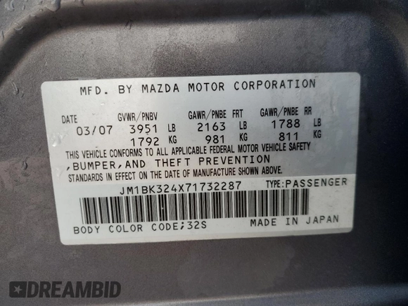 2007 Mazda 3 S Touring with VIN JM1BK324X71732287, listed as a Copart auction lot 43969525 with 211,566 mi miles and Salvage Title. Bid and sale history available at DreamBid. Image 12.