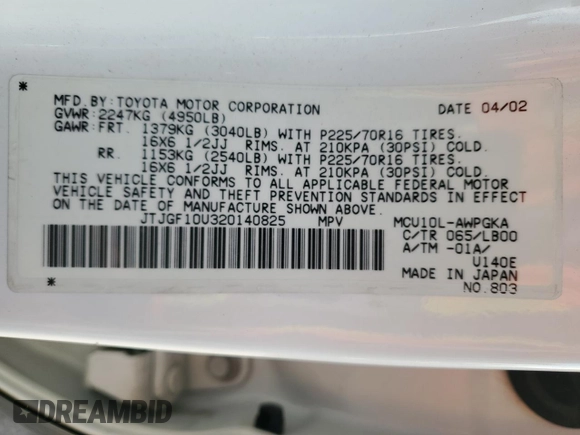 2002 Lexus RX 300 with VIN JTJGF10U320140825, listed as a Copart auction lot 78864354 with 175,570 mi miles and Salvage Title. Bid and sale history available at carsss.com. Image 13.