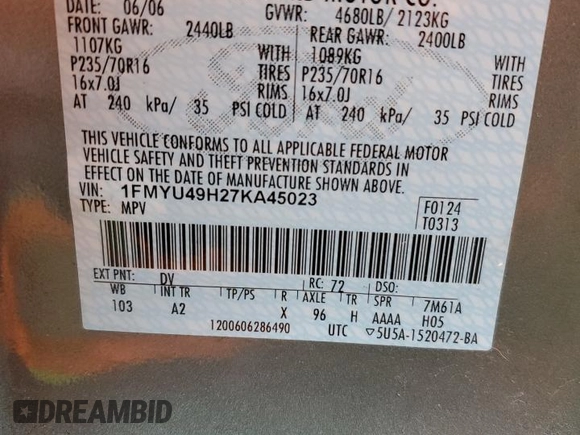 2007 Ford Escape Hybrid with VIN 1FMYU49H27KA45023, listed as a Copart auction lot 43635635 with 174,282 mi miles and Salvage Title. Bid and sale history available at carsss.com. Image 13.