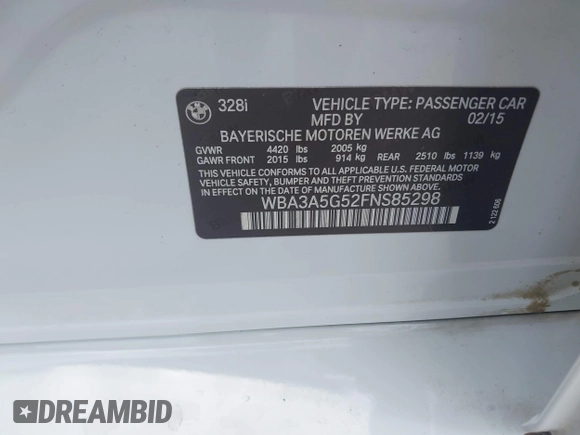 2015 BMW 3 Series 328i with VIN WBA3A5G52FNS85298, listed as a IAAI auction lot 42635782 with 94,750 mi miles and . Bid and sale history available at DreamBid. Image 9.