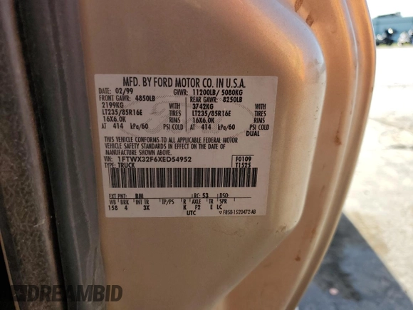 1999 Ford F-350 with VIN 1FTWX32F6XED54952, listed as a Copart auction lot 57676805 with 146,544 mi miles and Salvage title. Bid and sale history available at DreamBid. Image 12.