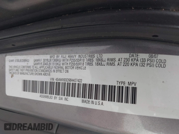 2008 Subaru Tribeca Limited z VIN 4S4WX93D984407422, wystawiony jako IAAI lot #41271731 z przebiegiem 220 319 mil mil oraz . Historia ofert i sprzedaży dostępna na DreamBid. Obrazek 9.