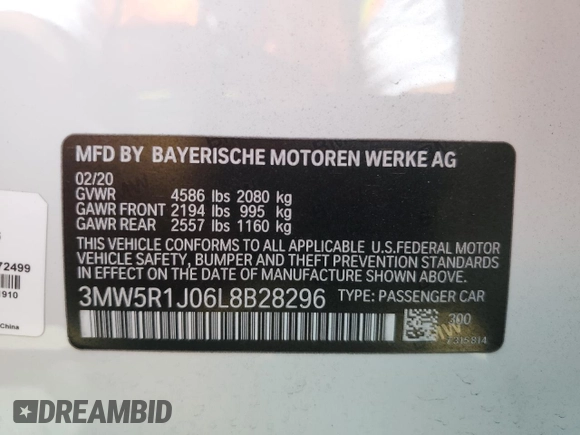 2020 BMW 3 Series 330i с VIN 3MW5R1J06L8B28296, выставлен на аукционе Copart как лот 55725155 с пробегом 64 100 миль миль и Списание • Salvage title. История ставок и продаж доступна на DreamBid. Изображение 12.