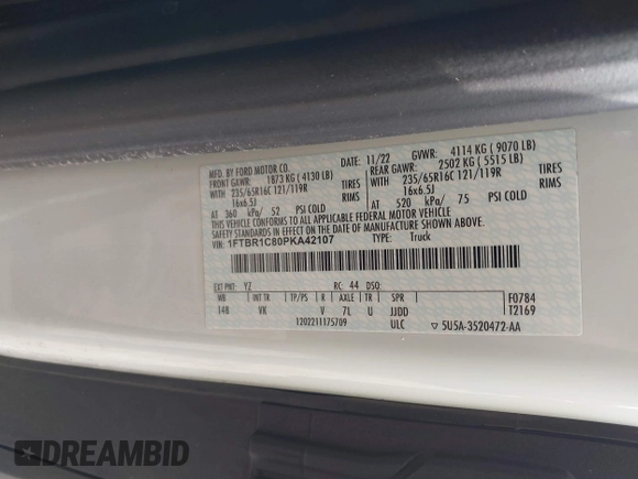 2023 Ford Transit Cargo with VIN 1FTBR1C80PKA42107, listed as a IAAI auction lot 42005312 with 80,123 mi miles. Bid and sale history available at carsss.com. Image 9.