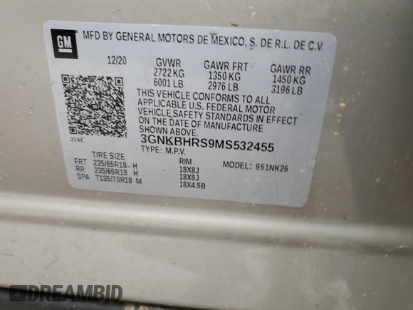 2021 Chevrolet Blazer LT with VIN 3GNKBHRS9MS532455, listed as a Copart auction lot 59397855 with Not provided miles and Salvage title. Bid and sale history available at DreamBid. Image 12.