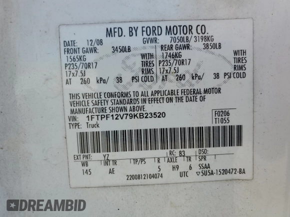 2009 Ford F-150 XL with VIN 1FTPF12V79KB23520, listed as a Copart auction lot 72701704 with 147,236 mi miles and Clean Title. Bid and sale history available at carsss.com. Image 13.