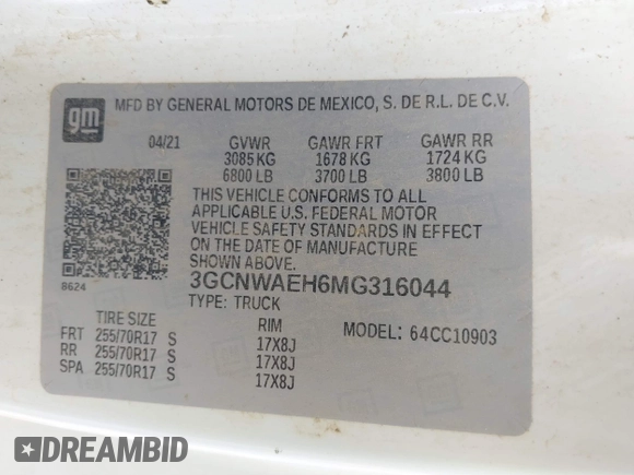 2021 Chevrolet Silverado 1500 Work Truck with VIN 3GCNWAEH6MG316044, listed as a IAAI auction lot 42144557 with 87,443 mi miles and . Bid and sale history available at DreamBid. Image 9.