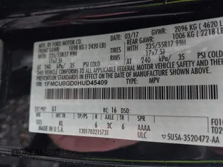 2017 Ford Escape SE with VIN 1FMCU0GD0HUD45409, listed as a IAAI auction lot 41859352 with 52,984 mi miles. Bid and sale history available at carsss.com. Image 9.