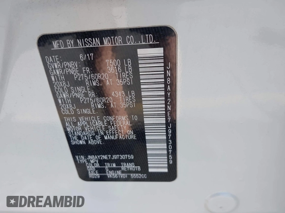 2018 Nissan Armada Platinum with VIN JN8AY2NE7J9730759, listed as a IAAI auction lot 39541925 with 83,001 mi miles. Bid and sale history available at carsss.com. Image 9.