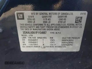 2015 Chevrolet Equinox LS z VIN 2GNALAEK1F1134967, wystawiony jako IAAI lot #41493113 z przebiegiem 144 336 mil mil oraz . Historia ofert i sprzedaży dostępna na DreamBid. Obrazek 9.
