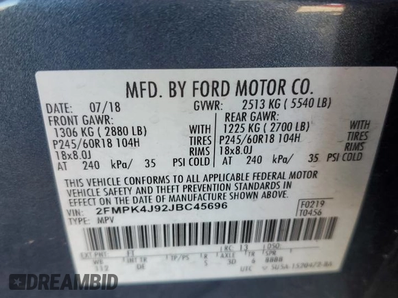 2018 Ford Edge SEL with VIN 2FMPK4J92JBC45696, listed as a Copart auction lot 87938425 with 54,295 mi miles and Salvage Title. Bid and sale history available at carsss.com. Image 14.