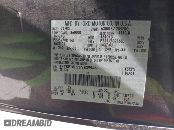 2003 Ford F-150 XL with VIN 1FTRF18L53NB39946, listed as a IAAI auction lot 42416342 with 281,541 mi miles and . Bid and sale history available at DreamBid. Image 9.