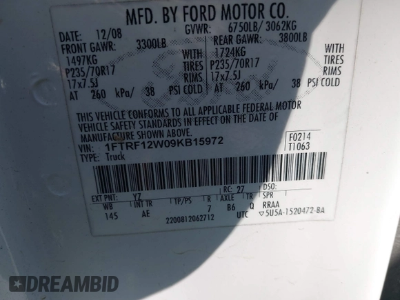 2009 Ford F-150 XL z VIN 1FTRF12W09KB15972, wystawiony jako IAAI lot #42618849 z przebiegiem 146 000 mil mil oraz . Historia ofert i sprzedaży dostępna na DreamBid. Obrazek 9.