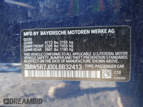 2020 BMW 3 Series 330i xDrive with VIN 3MW5R7J00L8B32413, listed as a IAAI auction lot 41940191 with 46,406 mi miles. Bid and sale history available at carsss.com. Image 9.
