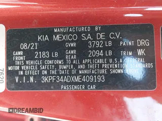 2021 Kia Forte GT-Line with VIN 3KPF34ADXME409193, listed as a IAAI auction lot 41846359 with 52,321 mi miles. Bid and sale history available at carsss.com. Image 9.
