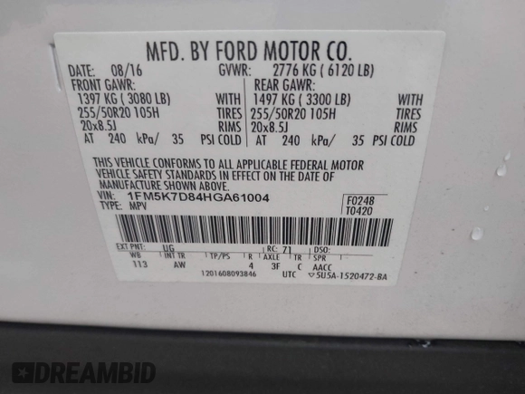 2017 Ford Explorer XLT с VIN 1FM5K7D84HGA61004, выставлен на аукционе IAAI как лот 42042440 с пробегом 91 316 миль миль и . История ставок и продаж доступна на DreamBid. Изображение 9.