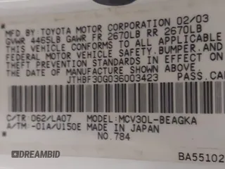 2003 Lexus ES with VIN JTHBF30G036003423, listed as a IAAI auction lot 42201781 with 238,105 mi miles. Bid and sale history available at carsss.com. Image 9.
