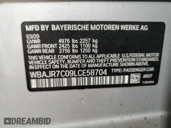 2020 BMW 5 Series 530i xDrive with VIN WBAJR7C09LCE58704, listed as a Copart auction lot 49900615 with 33,167 mi miles and Salvage title. Bid and sale history available at DreamBid. Image 12.