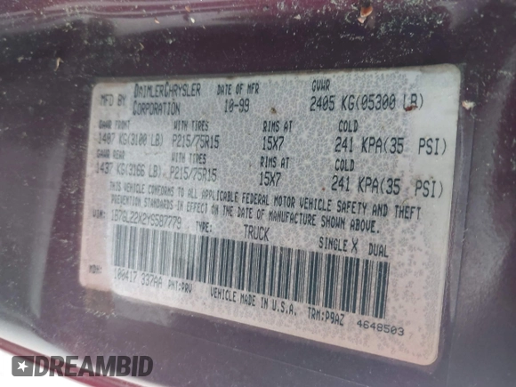 2000 Dodge Dakota with VIN 1B7GL22X2YS587779, listed as a IAAI auction lot 42231475 with 179,200 mi miles and . Bid and sale history available at carsss.com. Image 9.