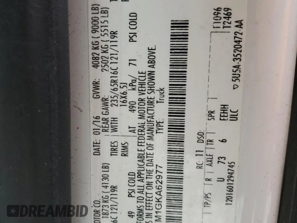 2016 Ford Transit Cargo with VIN 1FTYR1ZM1GKA62977, listed as a Copart auction lot 57054015 with 62,670 mi miles and Salvage title. Bid and sale history available at DreamBid. Image 13.