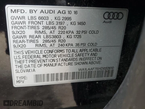 2017 Audi Q7 Premium Plus with VIN WA1LAAF75HD032610, listed as a Copart auction lot 55628665 with 47,523 mi miles and Salvage Title. Bid and sale history available at DreamBid. Image 13.