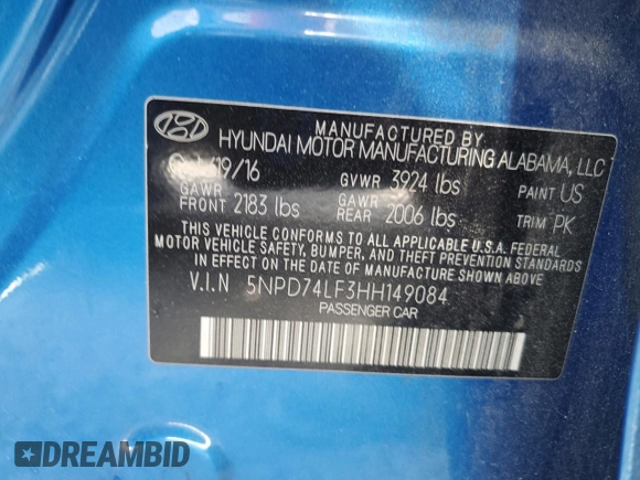 2017 Hyundai Elantra SE with VIN 5NPD74LF3HH149084, listed as a Copart auction lot 55035415 with 175,390 mi miles and Clean Title. Bid and sale history available at DreamBid. Image 12.