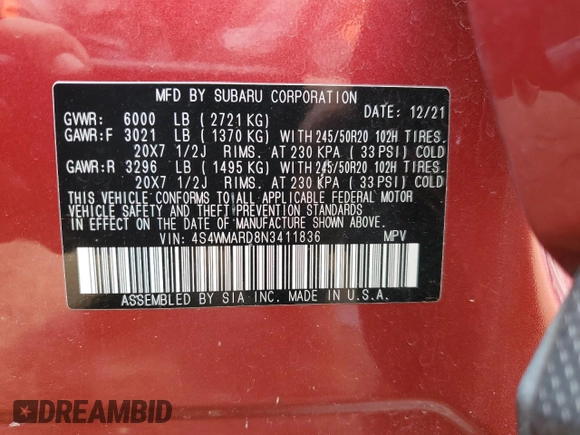 2022 Subaru Ascent Touring with VIN 4S4WMARD8N3411836, listed as a Copart auction lot 55845385 with 83,068 mi miles and Salvage title. Bid and sale history available at DreamBid. Image 14.