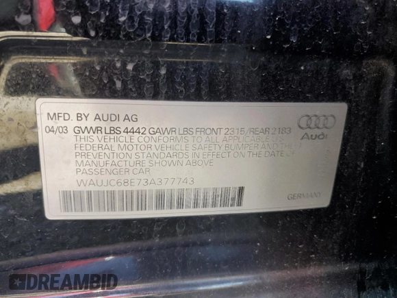 2003 Audi A4 1.8T z VIN WAUJC68E73A377743, wystawiony jako Copart lot #58604895 z przebiegiem 157 497 mil mil oraz Czysty tytuł • Clean title. Historia ofert i sprzedaży dostępna na DreamBid. Obrazek 12.