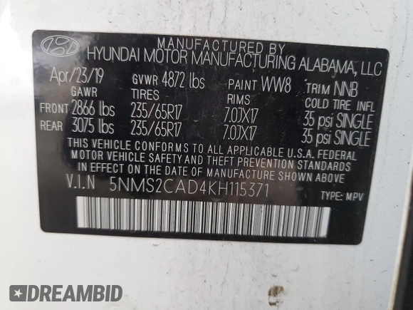 2019 Hyundai Santa Fe SE z VIN 5NMS2CAD4KH115371, wystawiony jako Copart lot #59180895 z przebiegiem 127 444 mil mil oraz Szkoda całkowita • Salvage title. Historia ofert i sprzedaży dostępna na DreamBid. Obrazek 13.