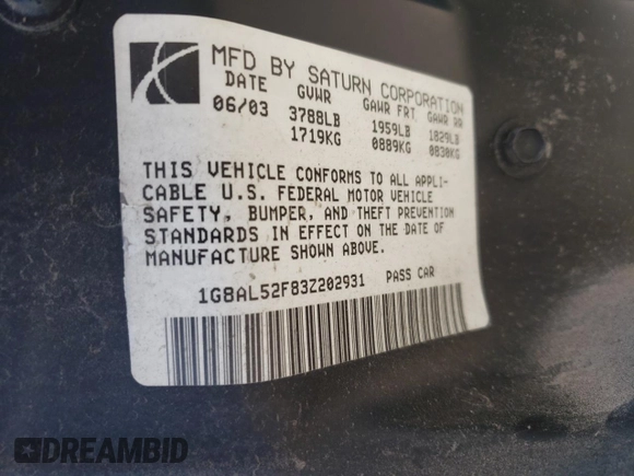 2003 Saturn ION with VIN 1G8AL52F83Z202931, listed as a Copart auction lot 86487104 with 180,644 mi miles and Salvage Title. Bid and sale history available at carsss.com. Image 14.