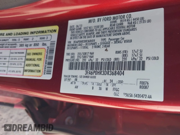 2013 Ford Fusion SE с VIN 3FA6P0HR3DR368404, выставлен на аукционе IAAI как лот 42582271 с пробегом 193 076 миль миль и . История ставок и продаж доступна на DreamBid. Изображение 9.