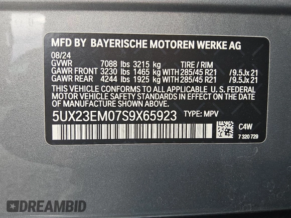 2025 BMW X7 xDrive40i with VIN 5UX23EM07S9X65923, listed as a Copart auction lot 49507655 with 8,891 mi miles and Clean Title. Bid and sale history available at carsss.com. Image 13.