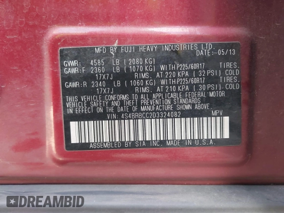 2013 Subaru Outback Premium with VIN 4S4BRBCC2D3324082, listed as a IAAI auction lot 42510079 with 129,475 mi miles and . Bid and sale history available at DreamBid. Image 9.