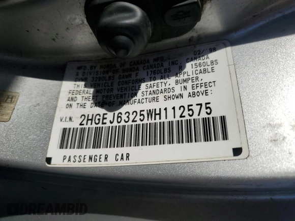 1998 Honda Civic CX with VIN 2HGEJ6325WH112575, listed as a Copart auction lot 77186644 with 147,976 mi miles and Salvage Title. Bid and sale history available at carsss.com. Image 12.