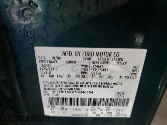 2007 Ford F-150 XL with VIN 1FTRF14VX7KB40654, listed as a Copart auction lot 89401715 with 156,196 mi miles and Clean title. Bid and sale history available at DreamBid. Image 12.