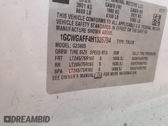 2017 Chevrolet Express Cargo with VIN 1GCWGAFF4H1326784, listed as a IAAI auction lot 42667321 with 151,394 mi miles and . Bid and sale history available at DreamBid. Image 12.