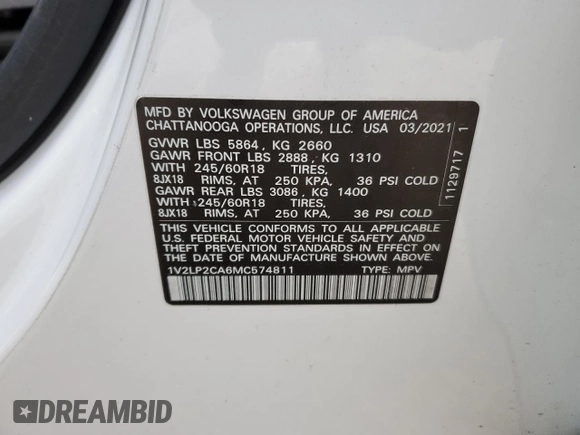 2021 Volkswagen Atlas SE z VIN 1V2LP2CA6MC574811, wystawiony jako Copart lot #41780595 z przebiegiem Nie podano mil oraz Szkody całkowita. Historia ofert i sprzedaży dostępna na DreamBid. Obrazek 14.