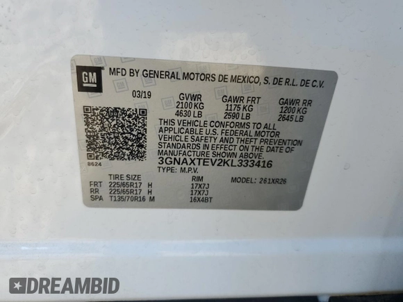 2019 Chevrolet Equinox LT with VIN 3GNAXTEV2KL333416, listed as a Copart auction lot 82690024 with 65,238 mi miles and Salvage Title. Bid and sale history available at DreamBid. Image 13.
