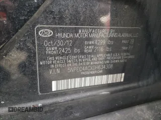 2013 Hyundai Sonata Limited with VIN 5NPEC4ACXDH634308, listed as a Copart auction lot 43289705 with 184,707 mi miles and Salvage Title. Bid and sale history available at DreamBid. Image 12.