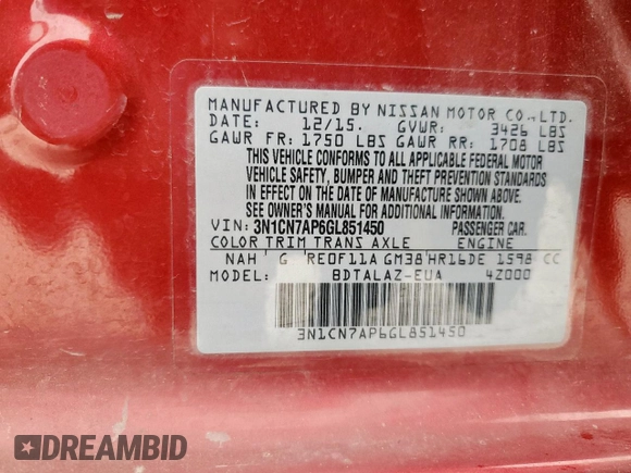 2016 Nissan Versa SV with VIN 3N1CN7AP6GL851450, listed as a Copart auction lot 59543325 with 135,747 mi miles and Salvage title. Bid and sale history available at DreamBid. Image 12.