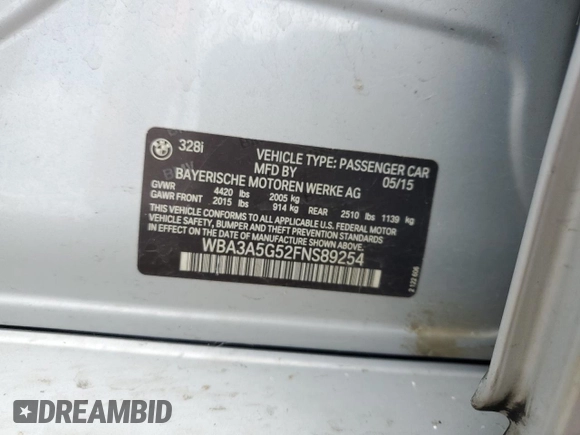 2015 BMW 3 Series 328i с VIN WBA3A5G52FNS89254, выставлен на аукционе Copart как лот 56765135 с пробегом 102 568 миль миль и Списание • Salvage title. История ставок и продаж доступна на DreamBid. Изображение 13.