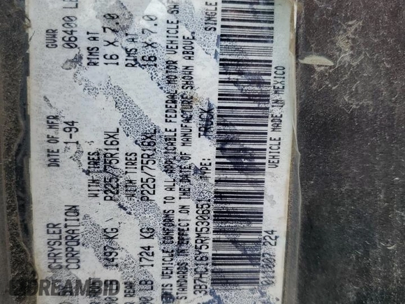 1994 Dodge 1500 z VIN 3B7HC16Y5RM530651, wystawiony jako Copart lot #74453654 z przebiegiem 83 562 mil mil oraz Szkoda całkowita • Salvage title. Historia ofert i sprzedaży dostępna na DreamBid. Obrazek 12.