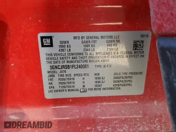 2015 Chevrolet Trax LT with VIN 3GNCJRSB1FL240061, listed as a Copart auction lot 50010165 with 89,741 mi miles and Salvage Title. Bid and sale history available at carsss.com. Image 13.